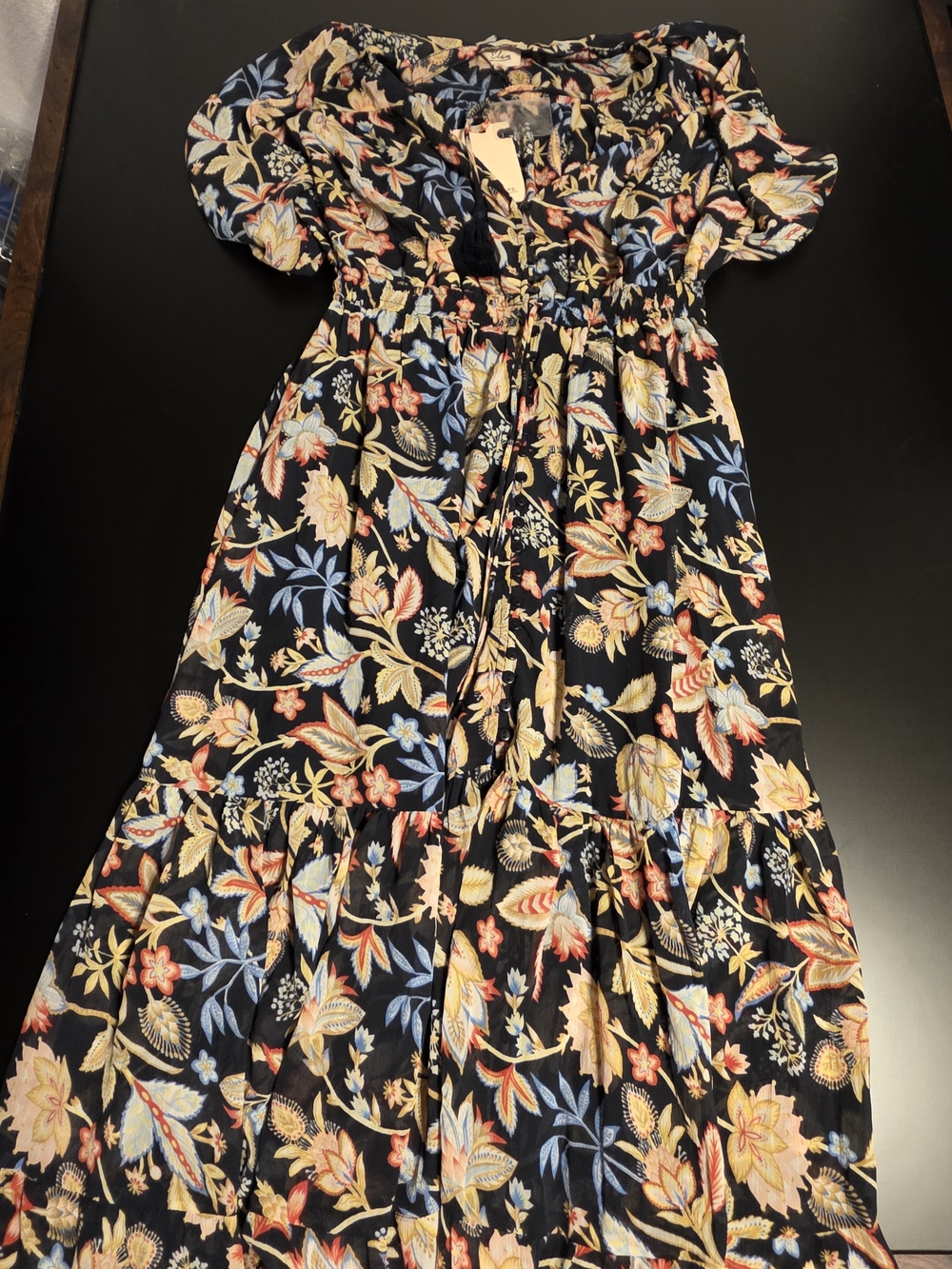 Floral Tiered Maxi Dress - Black with Multicolor Floral Print